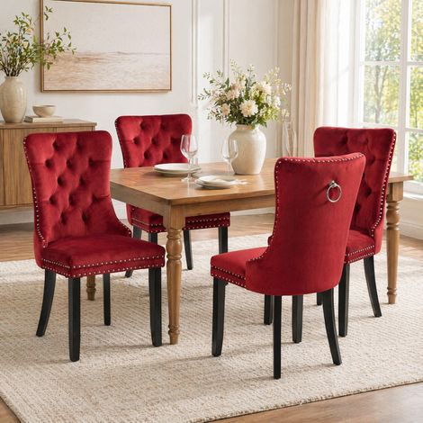Set de 2 sillas de comedor de terciopelo Rojo Rojo Burdeos 62x50x95 cm, fácil montaje FloraGrace (1/5)