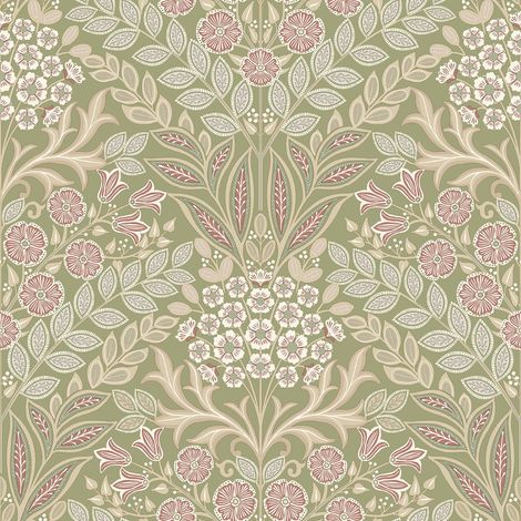 Grandeco Arts Floral Sage Green Wallpaper Flowers Leaves Textured Paste The Wall