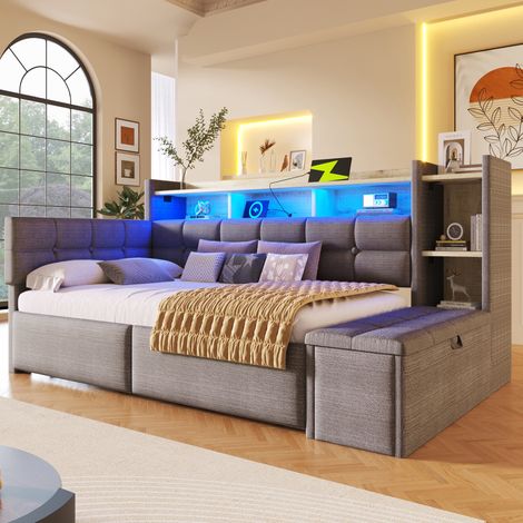 Bettsofa modern 90x190 cm Samt Dunkelgrau mit Kopfteil, 2 Schubladen, Stauraumbank, LED, USB und Type-C (1/5)