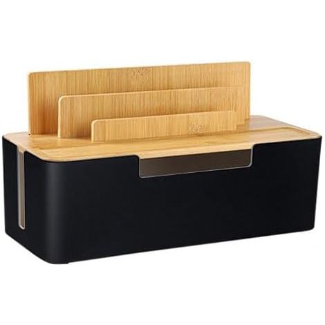 Cable Management Box with Wooden Lid, Multi-Device Storage for Phones/Tablets/Smartwatches, Desk Cable Storage for Tidy Workspace (Black) (1/4)
