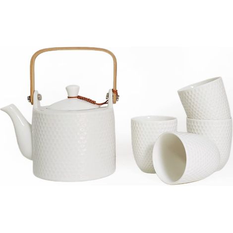 Service à Thé Japonaise en Céramique, Blanche Set théière 900 ml avec filtre et 4 tasses à thé , poignée en bois, pour le thé en vrac, les amateurs de thé (1/5)