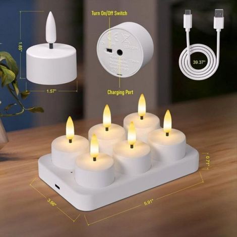 Bougie Chauffe-Plat Sans Flamme - LED Scintillante - Rechargeable USB - Télécommande avec Minuterie - Pour Décoration Intérieure et Événements - 6 Pièces (1/5)