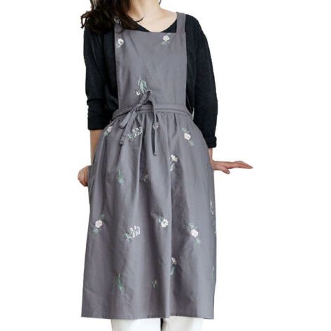Pair Tablier imperméable en coton et lin – Gris foncé – Brodé – Style japonais, pour pâtisserie et café (1/5)