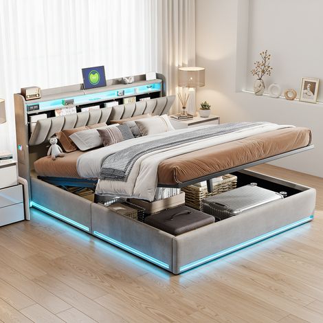 Polsterbett Doppelbett 140x190 cm mit hydraulischem Stauraum, mit LED und USB-Ladestation, Modernes Jugendbett, Bettgestell mit Kopfteil und Lattenrost, Velour Grau, Ohne Matratze