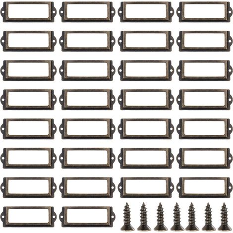 Lot de 30 porte-étiquettes en laiton antique 83 x 30 mm, cadre en fer avec vis, pour tiroirs, armoires, bureaux et étagères. (1/4)