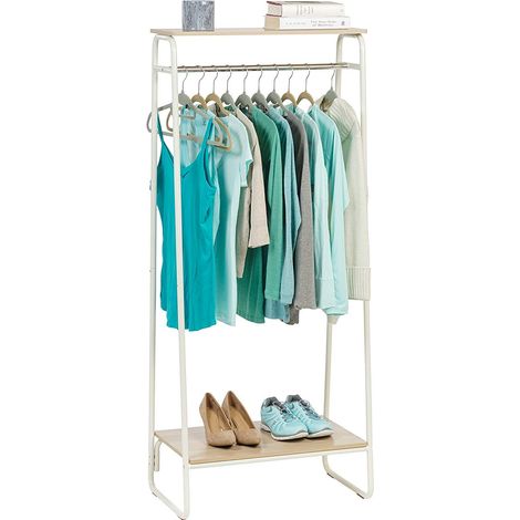 Portant a Vetement en Métal, Penderie avec Étagère en Bois, Porte Manteau, 2 Niveaux, Blanc, Solide, pour Chambre, Studio, Dressing, Vêtement (1/5)