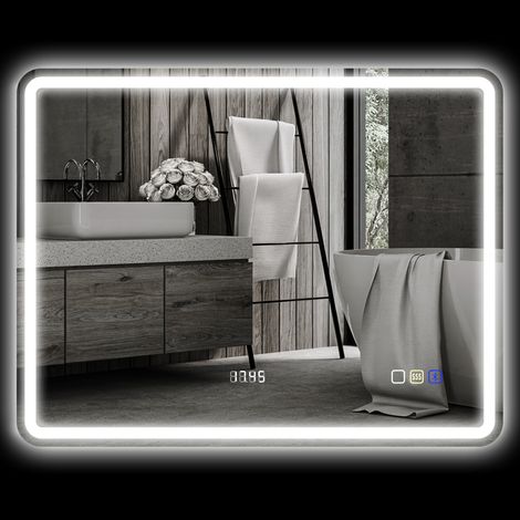Miroir de salle de bain LED antibuée 700x900 mm argent – 3 couleurs réglables, horloge intégrée (1/5)