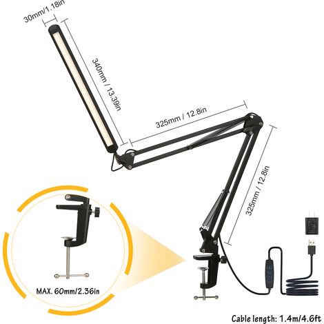 Lampe de bureau à LED avec pince, lampe de lecture à intensité variable pour le soin des yeux, 3 modes de couleur et 10 niveaux de luminosité, fonction de mémoire de 1 minute, bras pivotant pour burea (1/5)