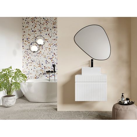 Meuble de salle de bain suspendu strié blanc avec vasque carrée à poser - 60 cm - SATARA (1/4)