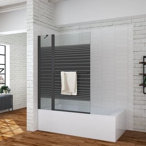 Badewannenaufsatz Glas Duschwand für Badewanne Dekor Querstreifen, 5 mm Nano Einscheiben-Sicherheitsglas (ESG), 110 x 140 cm, mit Handtuchhalter, mit Eckablage (1/5)