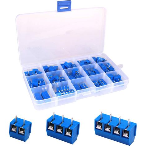 100 pièces 5mm pas 2 broches et 3 broches et 4 broches PCB bornier à vis 300V 16A,bleu (85x2-broches,10x3-broches,5x4-broches) (1/5)