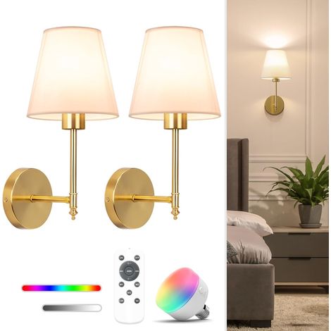 Applique murale en couleur cuivre lot de 2 avec ampoule rechargeable télécommandée, trois couleurs de lumière (télécommande incluse) (1/5)