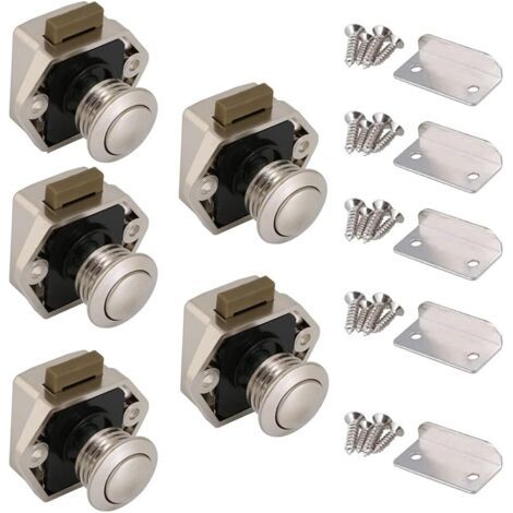 Loquet sans Clé, 5pcs Bouton Poussoir Loquet,Bouton Poussoir tiroir Porte pour Caravane Camping Cabinet Armoire Yachts Voitures Ambulances Meubles Portes Serrure Presse(Nickel Perlé) (1/5)