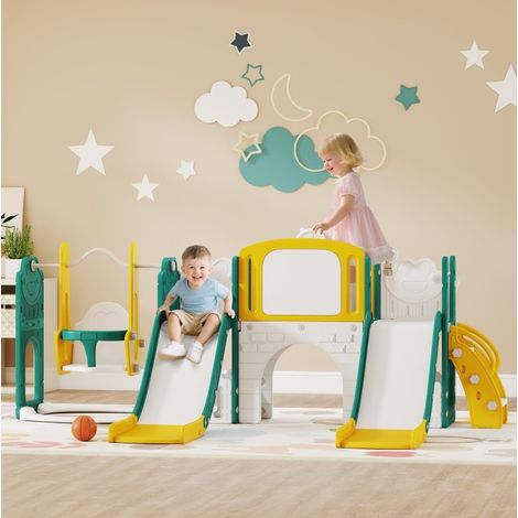 Area giochi 9 in 1 per bambini con 2 scivoli e altalena, gialla DESVIAE (1/4)