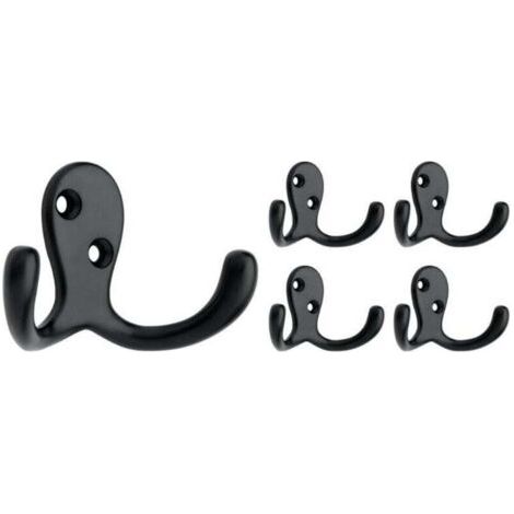 BUNTHAUS PA Set di 5 ganci doppi da parete con 2 punte, nero opaco, per appendere cappotti o cappelli, vestiti, borse, asciugamani, ecc. (1/4)