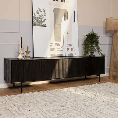 Meuble TV bois noir 4 portes rainurées 210 cm CORTINA (1/5)