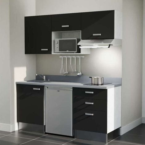 Kitchenette K20L - 180 cm - emplacements frigo, micro-ondes et hotte-Noir-Cromo-évier à gauche