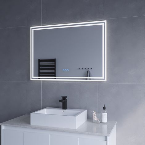 LED Spiegel mit Beleuchtung für Badezimmer 100x70cm ESSENS Typ C Touch Sensor Dimmbar Spiegelheizung Kaltweiß 6400K Warmweiß 3000K AQUABATOS (1/5)