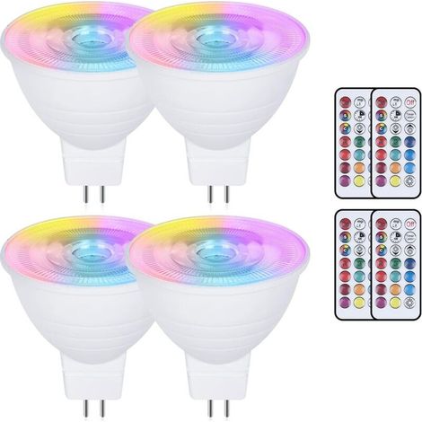 Lot de 4 ampoules LED MR16 3 W à changement de couleur GU5.3 - AC/DC 220 V - Intensité variable RVB + blanc chaud 3000 K - Réflecteur avec télécommande - Fonction mémoire - Économie d'énergie [Classe (1/5)