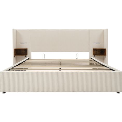 Letto matrimoniale imbottito 160 x 200 con luce di lettura e caricatore USB Type-C, beige, tessuto a coste. (1/5)