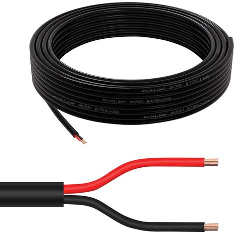2 × 1,0 mm² Câble rond double à 2 conducteurs Fil électrique en cuivre 5 V 12 V 24 V 60 V, câble de bateau automobile rouge/noir à paroi fine 5/10/20/50 mètres (1/5)