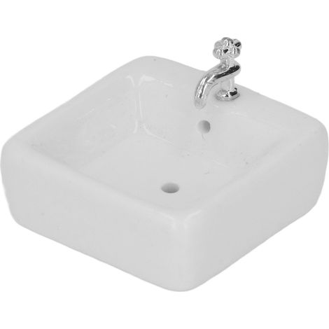 Lavabo de salle de bain rond en céramique blanche, fabriqué à la main, pour maison de poupée (échelle 1:12). (1/5)