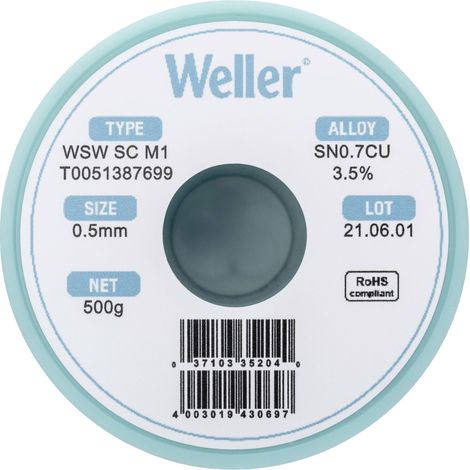 Étain à souder sans plomb Sn0,7Cu 0.5 mm Weller WSW SC M1 bobine 500 g (1/5)
