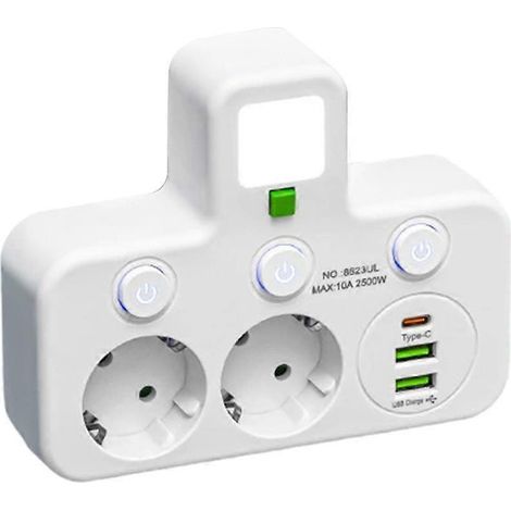 Prise veilleuse intelligente avec multiprise 5 en 1 et lumière LED, idéale pour la chambre (blanche). (1/5)