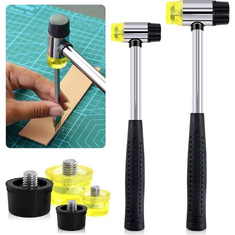 Lot de 2 maillets de marteau souple double face de 25 mm/35 mm avec 4 têtes de rechange, marteau à double tête en plastique et caoutchouc pour travaux manuels en cuir, montres, bijoux (1/5)