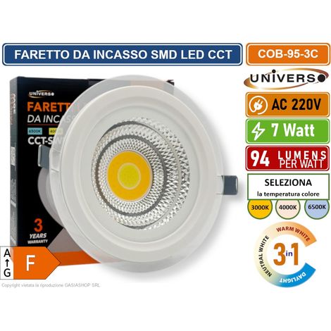FARETTO COB LED DA INCASSO ROTONDO 7W COLORE BIANCO CCT SWITCH CON SELEZIONE TEMPERATURA DI LUCE 3000K - 4000K - 6500K (1/5)