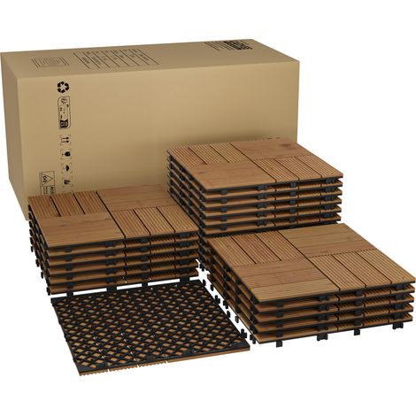 Dalles terrasse bois d'acacia 30x30cm emboîtables – Résistantes à l'eau, antidérapantes – Idéales patio, balcon, jardin, piscine – Installation facile – Lot de 33, marron, finition peinture brune (1/5)