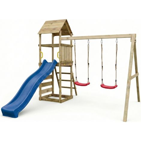 Parco giochi in legno Maxplay 2.2 con scivolo blu, doppia altalena e torre (1/5)
