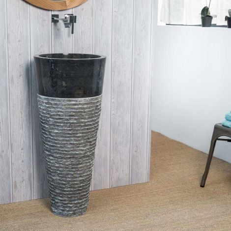 Wanda Collection – Vasque sur pied en pierre noire 40cm – Hauteur 90cm – Lavabo colonne conique – Perçage arrière conforme normes européennes (1/5)