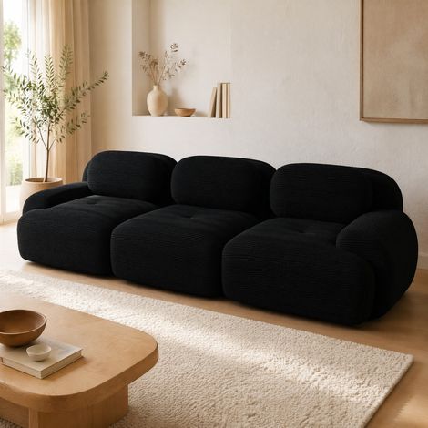 Canapé 3 places modulaire en tissu côtelé noir, sans montage, 298 x 103 x 70 cm, REDOM (1/5)