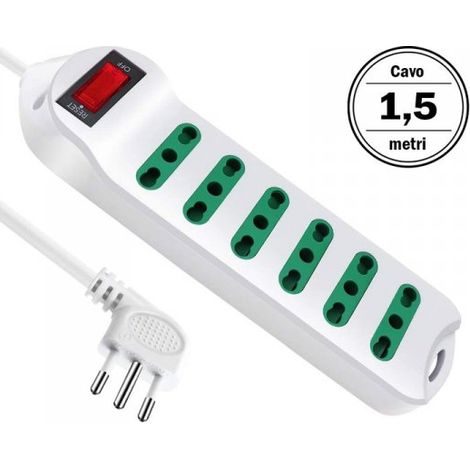 Multipresa Ciabatta Elettrica Cavo 1,5M Con 6 Posti Prese Bipasso 10/16A 2P+T Interruttore Spina 10A Laterale