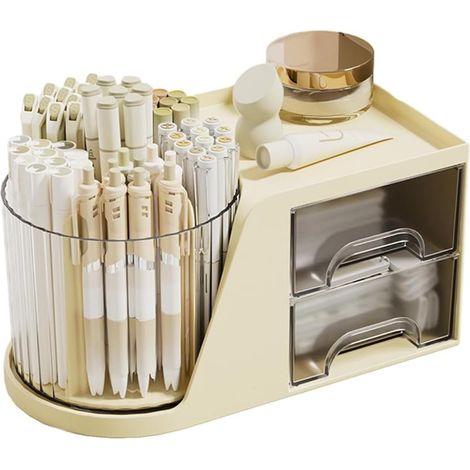 Porte-crayons rotatif à 360°, boîte de rangement de bureau avec 2 tiroirs, organiseur de grande capacité pour stylos et pinceaux de maquillage, idéal pour le bureau, l'école et la maison. (1/5)