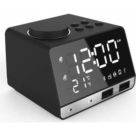 LED-Doppelwecker mit Spiegelradio und Lautsprecher für Badezimmer, kabellos, Bass, Bluetooth + USB-Anschluss + FM-Radio, Schwarz (1/5)