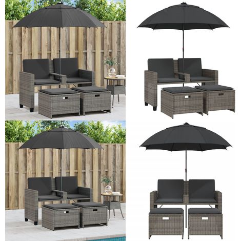 vidaXL Gartensofa 2-Sitzer Sonnenschirm und Hocker Grau Poly Rattan (1/5)
