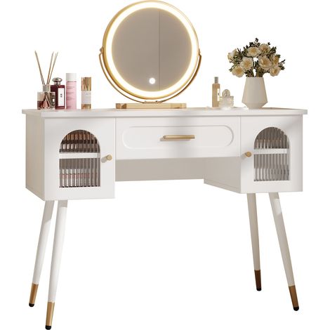Coiffeuse LED avec miroir rond, 1 tiroir, 2 armoires latérales à portes en verre strié, rangement réglable, blanc et doré, 100×42×112 cm - CHICFURN (1/5)