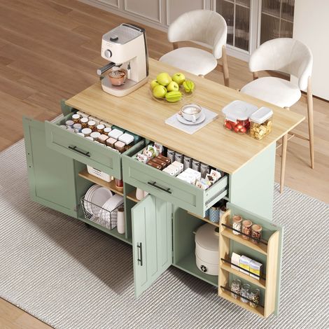 Mesa auxiliar de cocina 129x71x91.5 cm, tablero abatible, múltiples almacenamientos, MDF, verde antiguo (1/5)