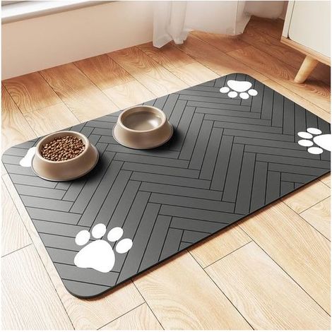 Tapis d'alimentation absorbant pour animaux - Set de table pour gamelles - Dos en caoutchouc imperméable - Séchage rapide - 30 x 50 cm - Gris foncé rayé - Pour chien et chat (1/5)