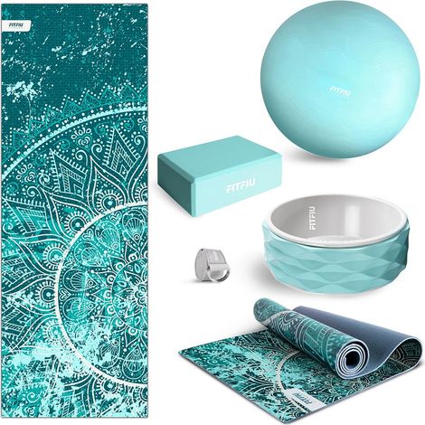 Pack da 5 accessori per yoga KITWELL-500 blu. Kit di accessori per yoga e pilates tra cui tappetino etnico, palla per pilates, blocco per yoga, ruota per esercizi e cinghia - FITFIU Fitness (1/5)