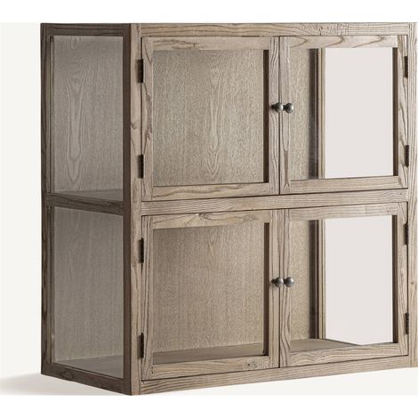 Élégante vitrine classique en pin recyclé - Bois brun nuance naturelle (1/5)