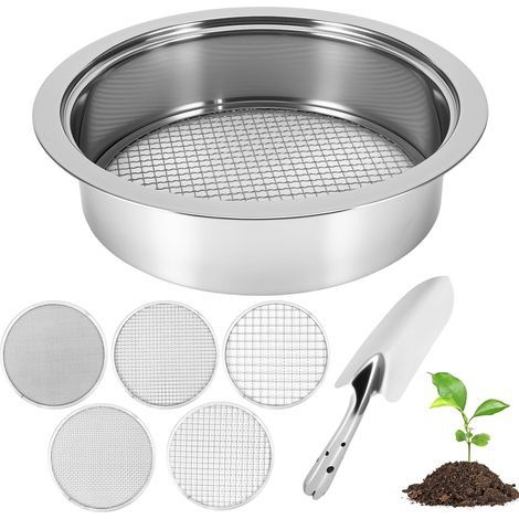 Setaccio da giardino DEECOZY in acciaio inox con 5 setacci fini intercambiabili (Ø 1, 3, 6, 9, 12 mm), 1 paletta, setaccio per compost per terra, pietre, compost, erbacce, sabbia (1/5)