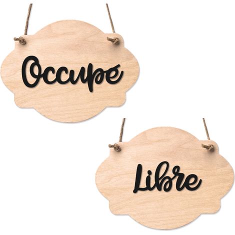 Signaletique.Biz France – Plaque de porte en bois clair avec ventouse et cordelette – Panneau ouvert fermé – Signalétique toilettes salle de bain – Occupé / Libre