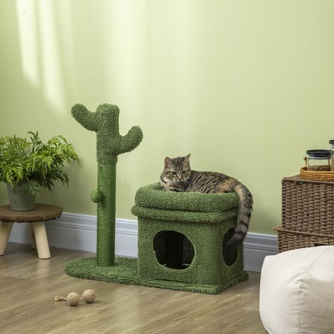 Motif Cactus Arbre Grattage Chat Poteau Sisal Grotte Lit Balle Suspendue Animaux Compagnie Vert 68x30x67cm