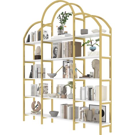 Scaffale libreria a 5 ripiani 170 x 26 x 190 cm in metallo e MDF bianco e oro MODENUIT (1/5)