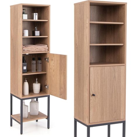 Costway – Meuble colonne de salle de bain 145 cm – 3 compartiments réglables – Armoire haute avec porte – Support en métal robuste – 38 x 30 cm (Jaune)