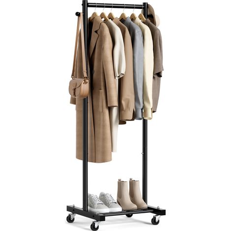 tringle à vêtements sur roulettes, porte-vêtements étroit avec étagères, 152 cm, en métal, portable, autonome pour petits espaces, noir (1/5)