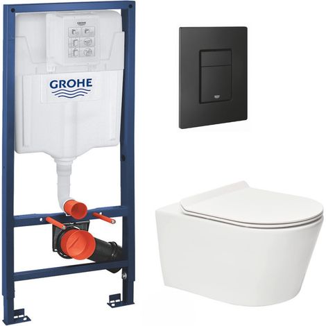 Grohe – Pack WC suspendu sans bride – Cuvette céramique blanche 53cm – Abattant softclose ultra-fin – Plaque de commande noir mat